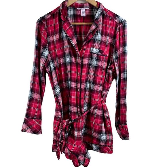 Victorias Secret Plaid Flannel One Piece Romper Pajamas Size S Red Long Sleeve - Picture 1 of 5